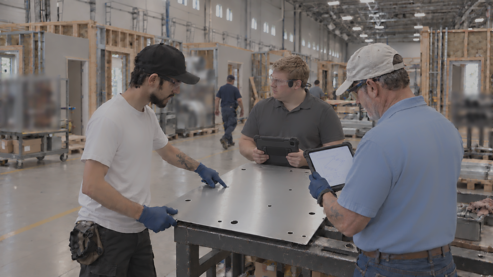 In-person training illustration: an instructor demonstrates a metal-panel step while two operators hold modern iPads in rugged industrial covers. A blond trainee wearing bone conduction headphones stands across the table looking toward the instructor, and the blue-shirted operator follows the SOP on his iPad. Workers pass between modular-home wall assemblies and steel framing, with selected background equipment details blurred. No one faces the camera directly.